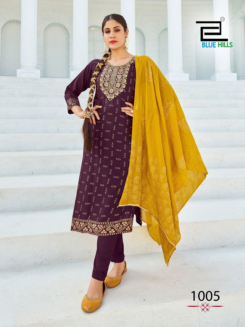 Swift By Blue Hills Rayon Foil Print Kurti With Bottom Dupatta Wholesale Shop In Surat
